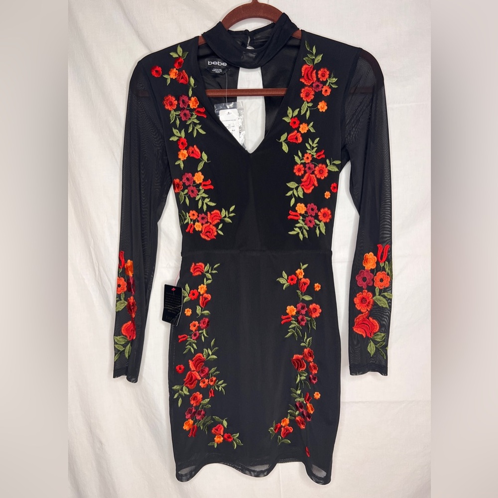 Bebe Black and Embroidered Body Con Dress shear sleeves XXS NWT NEW